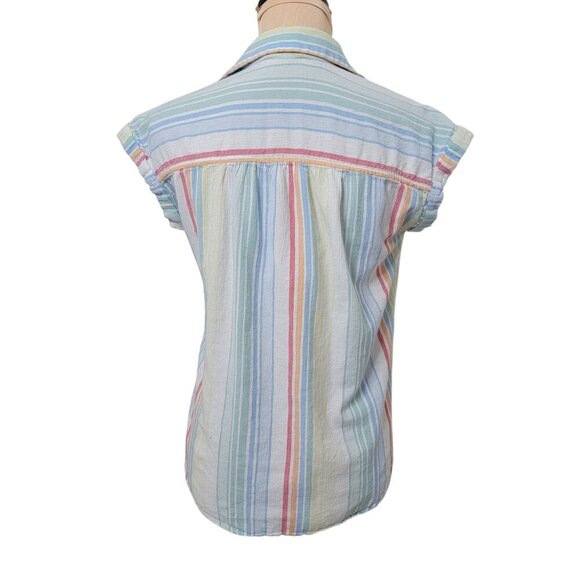 LOFT Outlet Size XS Washed Multi Color Striped Button Down Short Sleeve Shirt - Picture 4 of 11